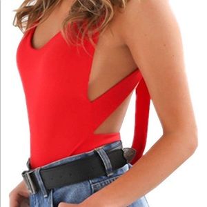 Red open back body suit